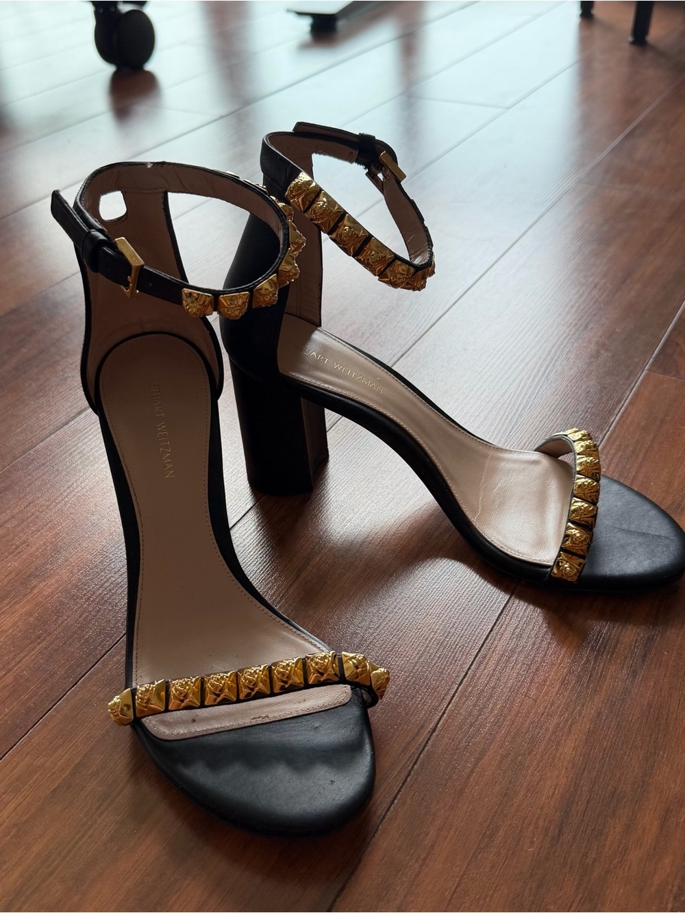 Stuart Weitzman Black Sandal Heels with Gold Stud Trim